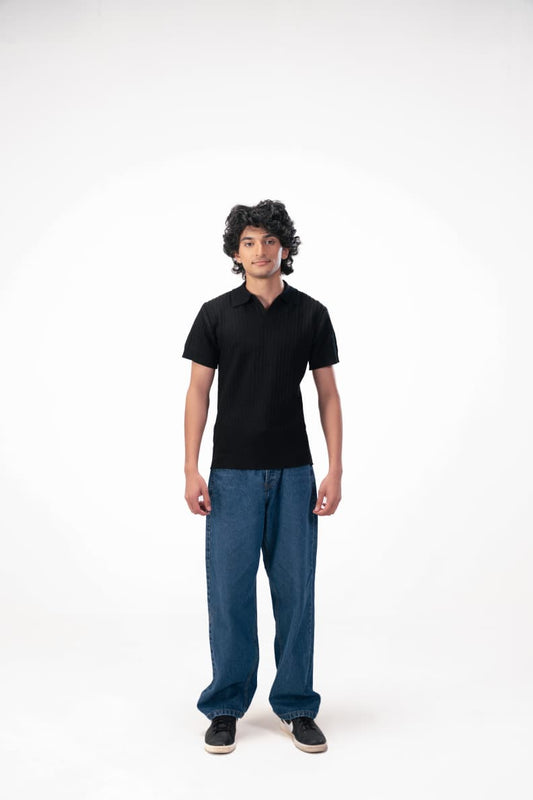 Man wearing black polo shirt and wide-leg jeans Black JADE