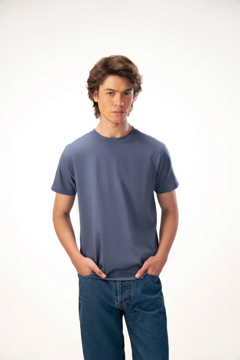 Blue Tee Front Pose Dark Denim