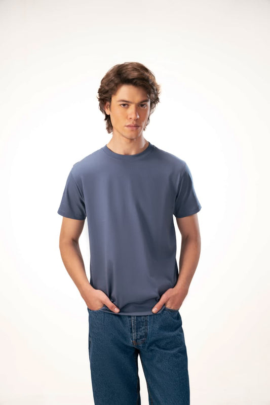 Blue Tee Front Pose Dark Denim