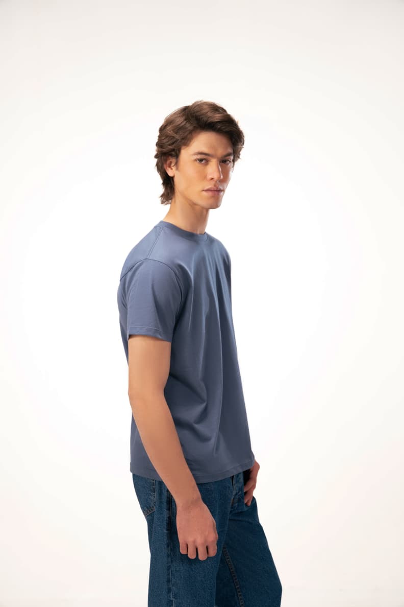 Blue Tee Side Pose Dark Denim