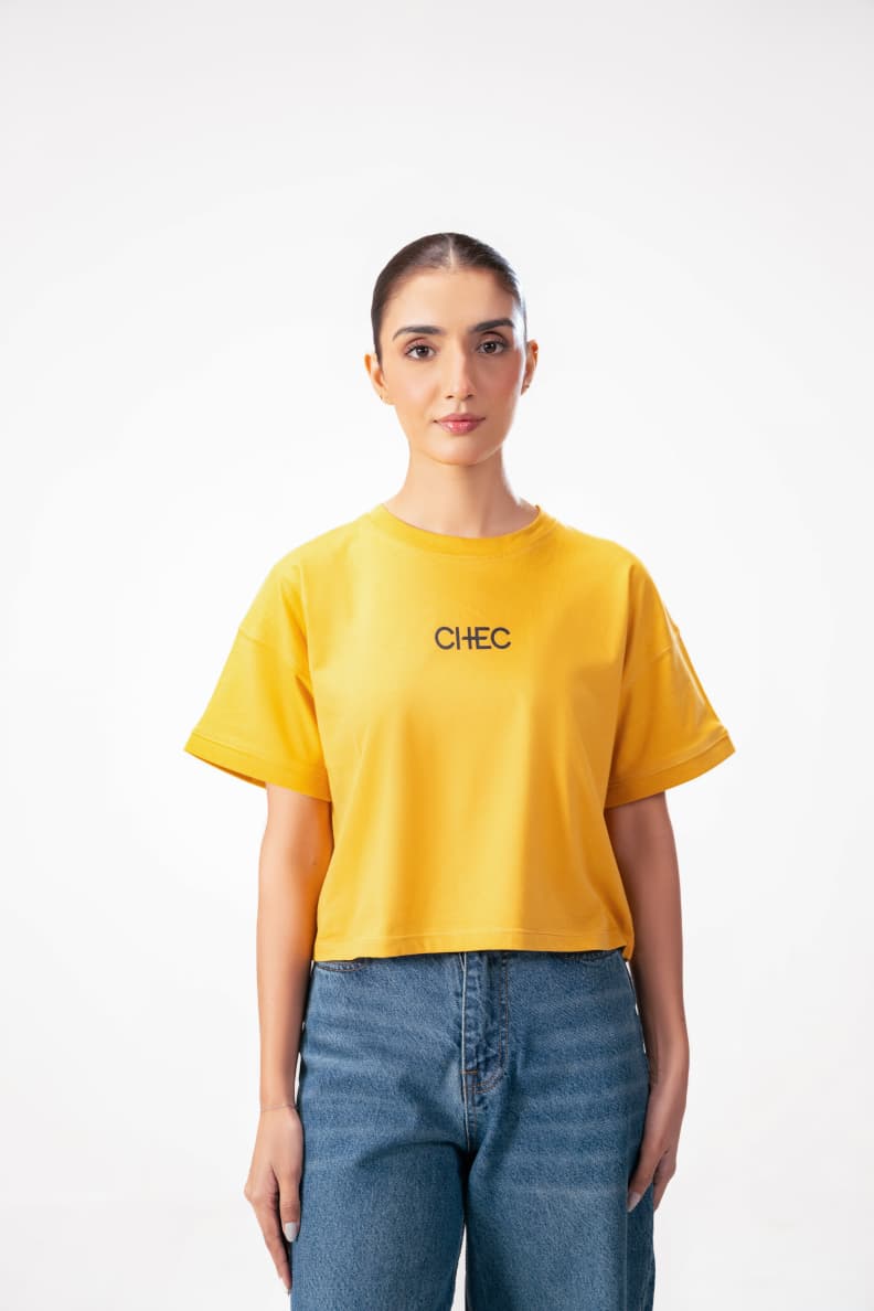 BOXY CROP LOGO TEE YELLOW FRONT POSE Mineral Yellow