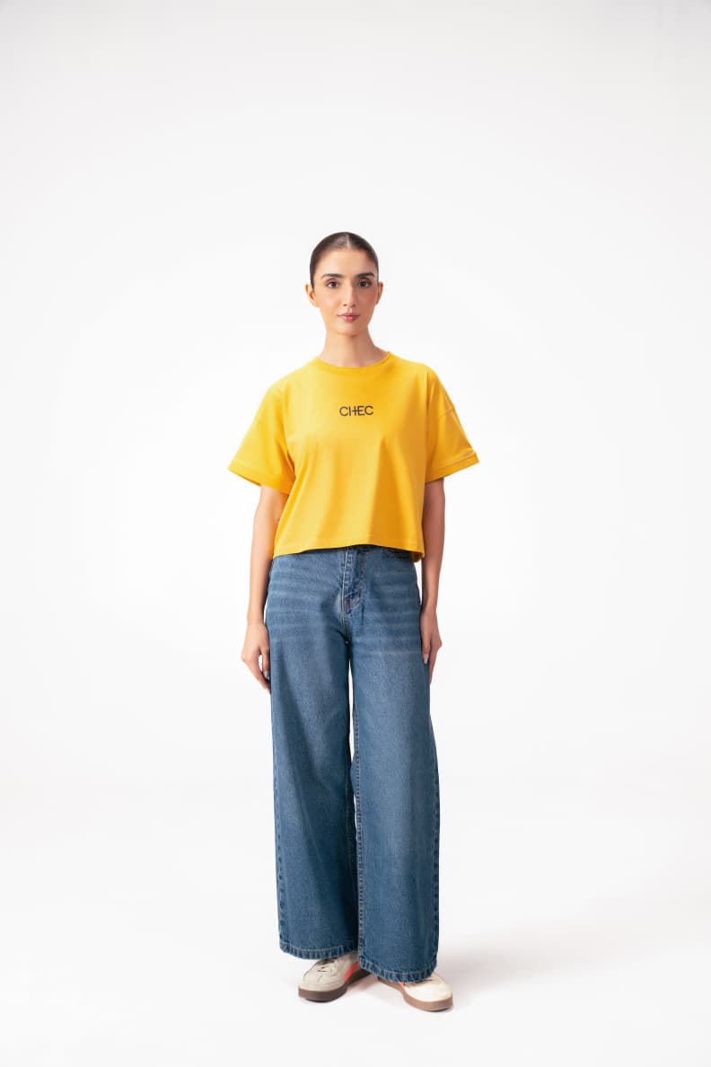 BOXY CROP LOGO TEE YELLOW FULL FRONT POSE Mineral Yellow