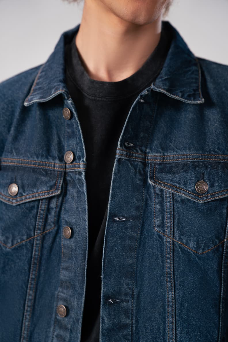 Closeup Front View Of Denim Jacket Chest And Buttons