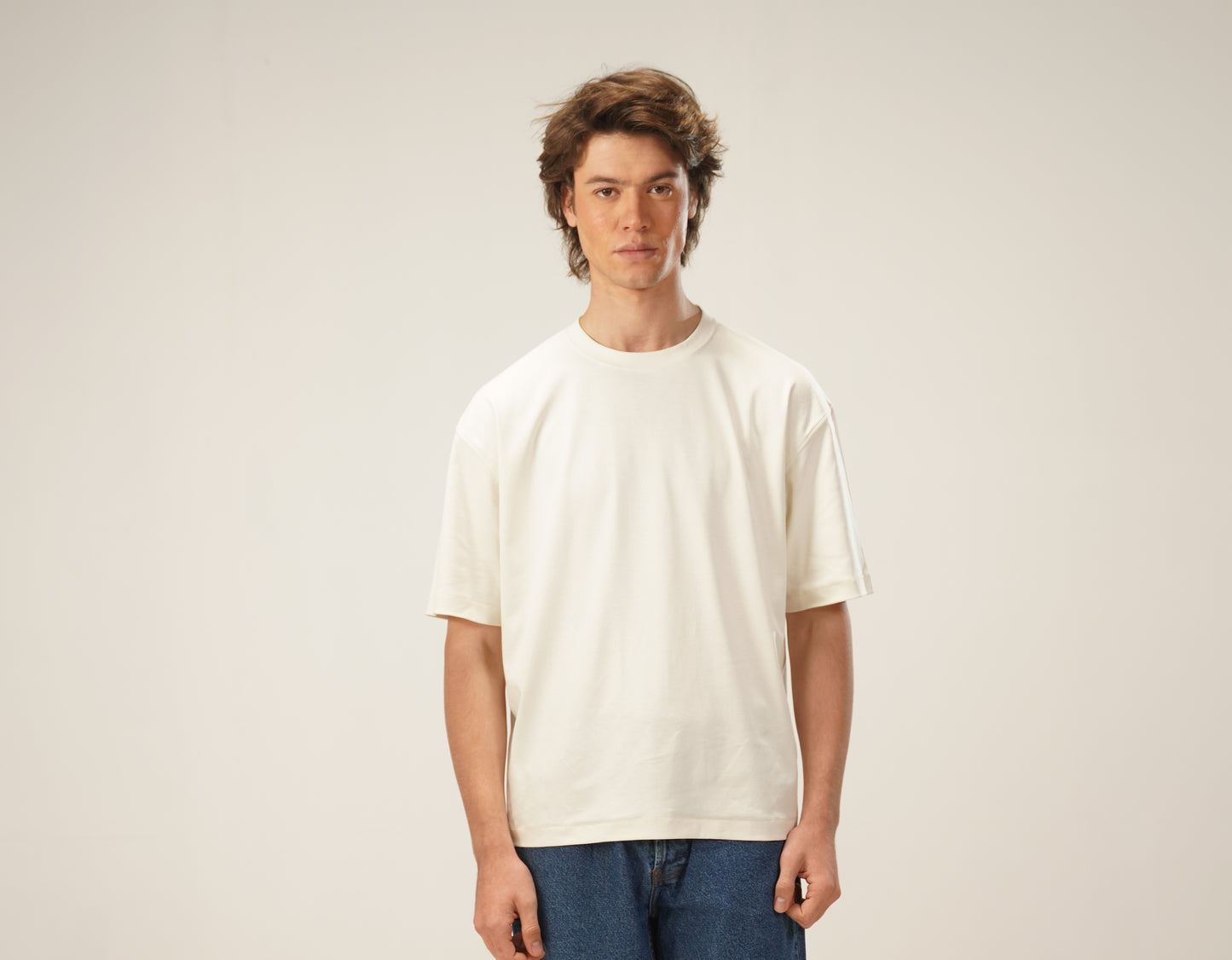 Heavyweight Boxy Tee White Worn by Model Marshmallow