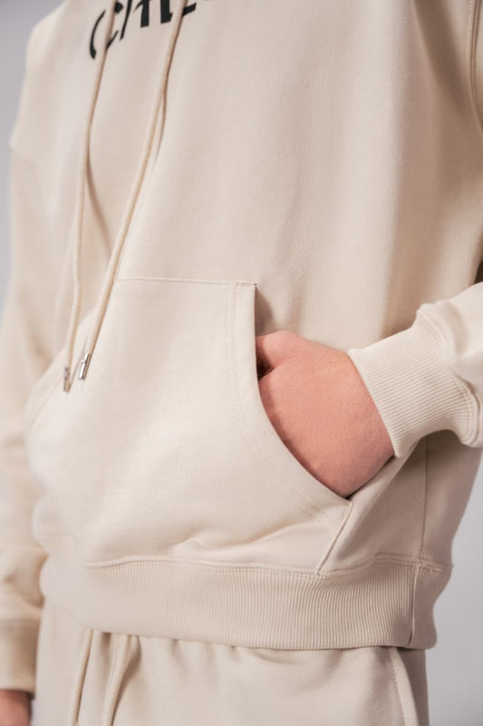 RELAXED FIT HOODIE CREAM POCKET CLOSEUP Silver Lining