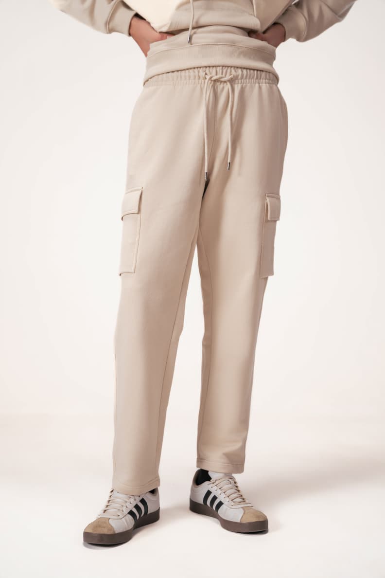 Utility Cargo Pant Beige Front Worn Silver Lining