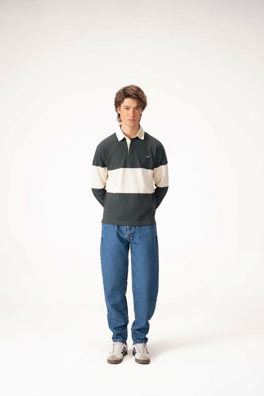 Full body view of man in green rugby shirt Scarab/Cannoli Cream