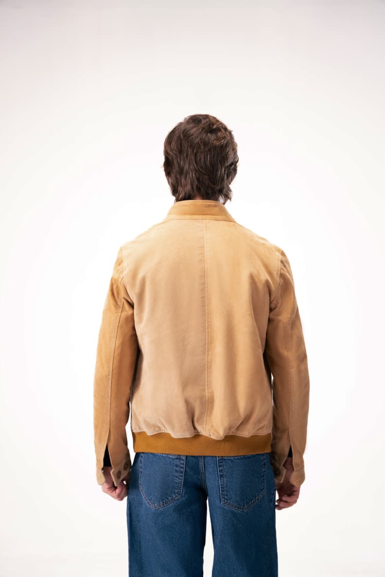 Luxury Suede Leather Jacket Beige Back View Camel