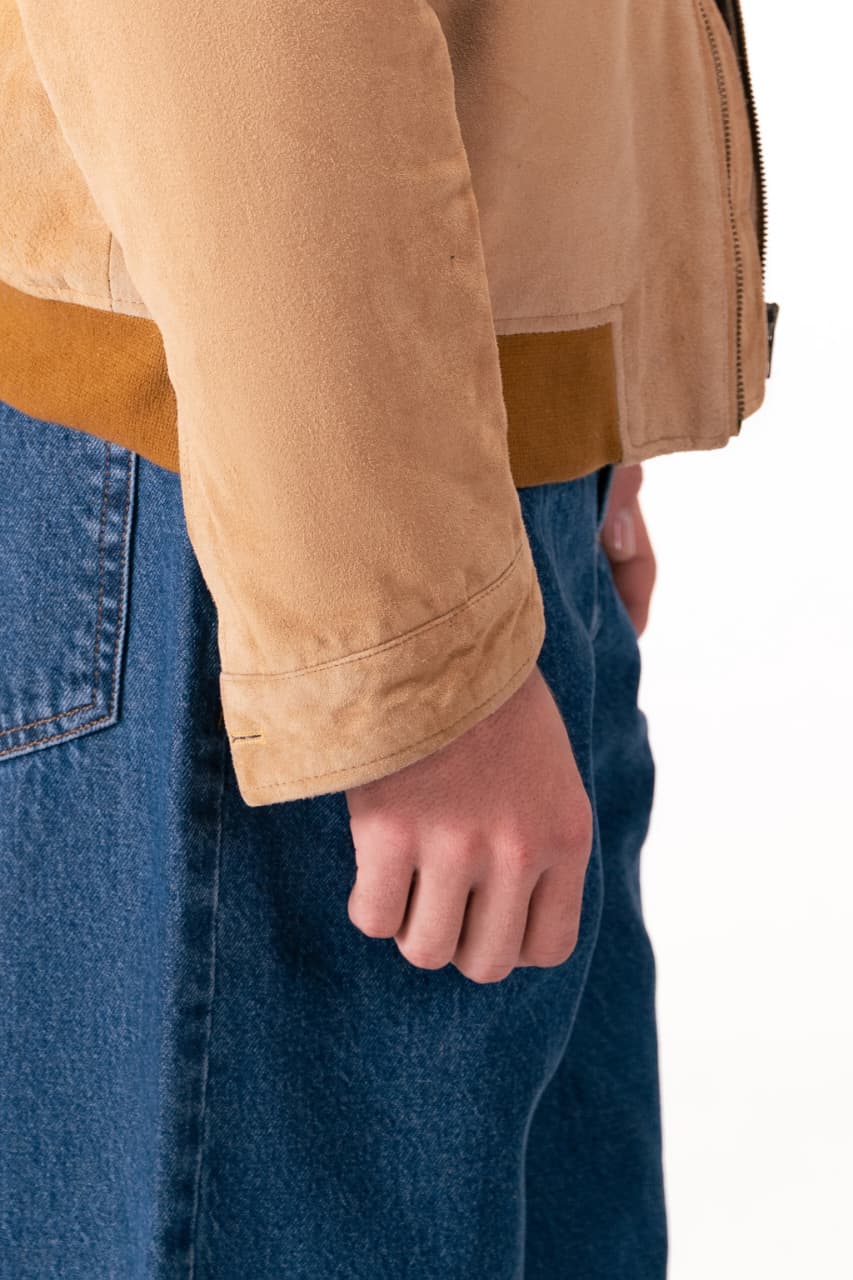 Luxury Suede Leather Jacket Beige Collar Closeup Camel