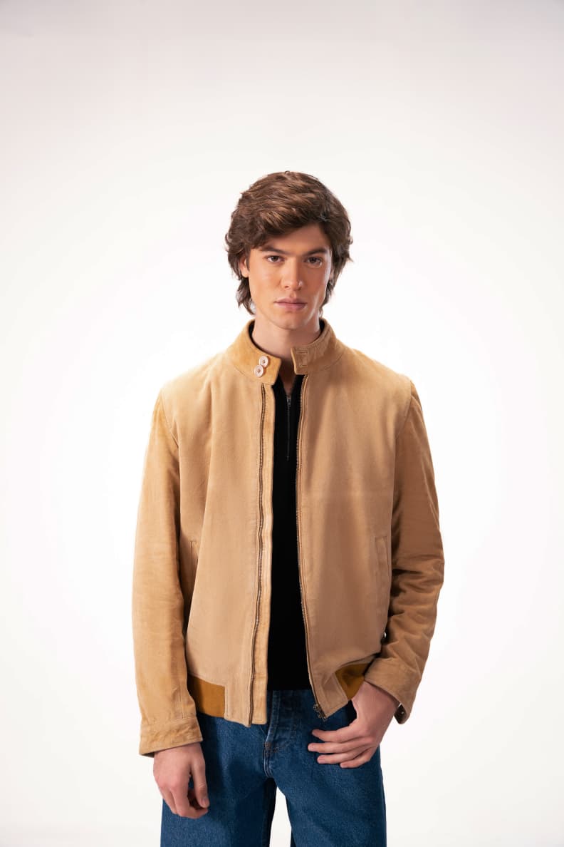 Luxury Suede Leather Jacket Beige Front View Camel