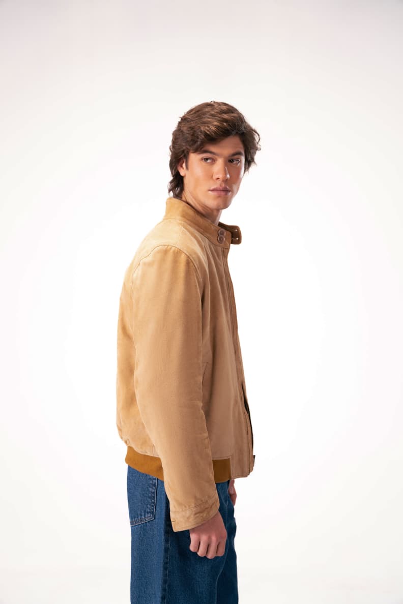 Luxury Suede Leather Jacket Beige Side Pose Camel