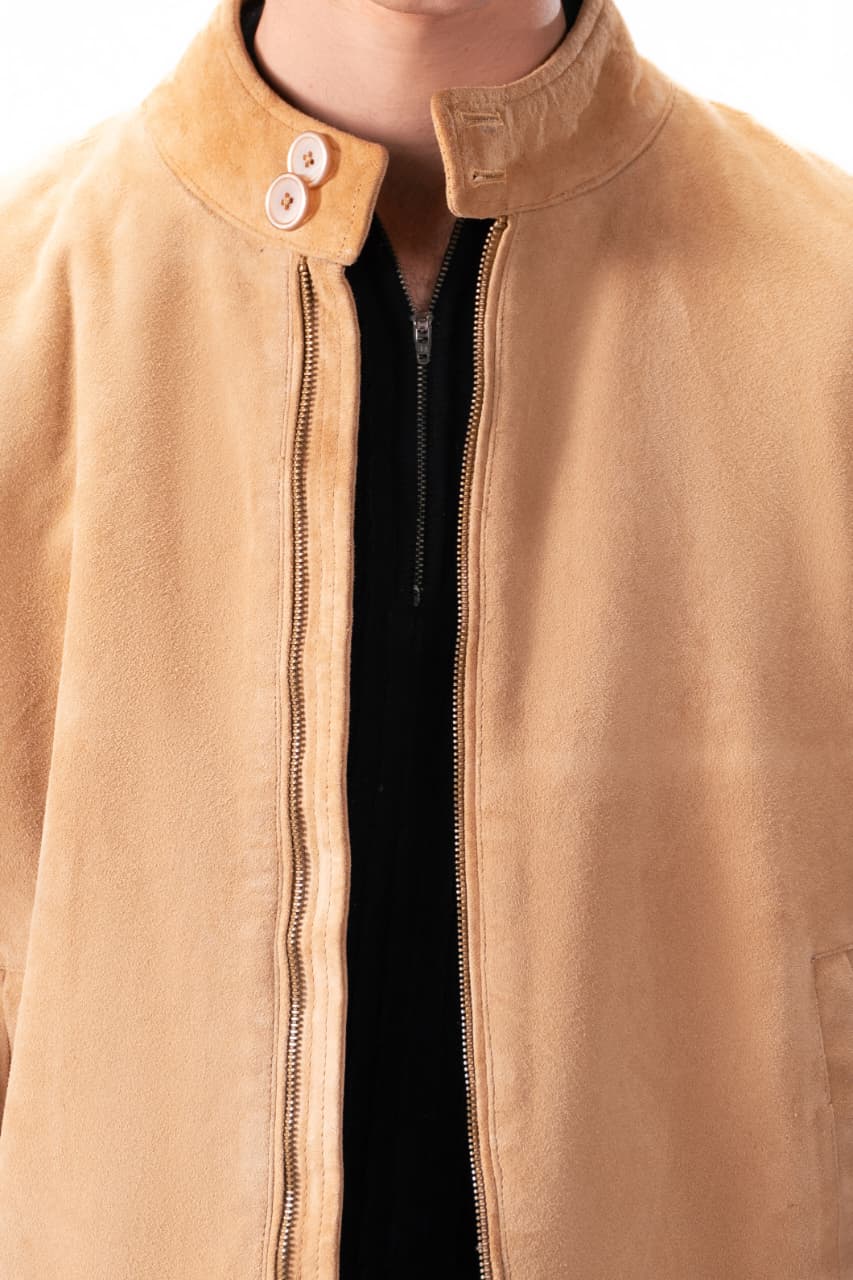 Luxury Suede Leather Jacket Brown Collar Detail Camel