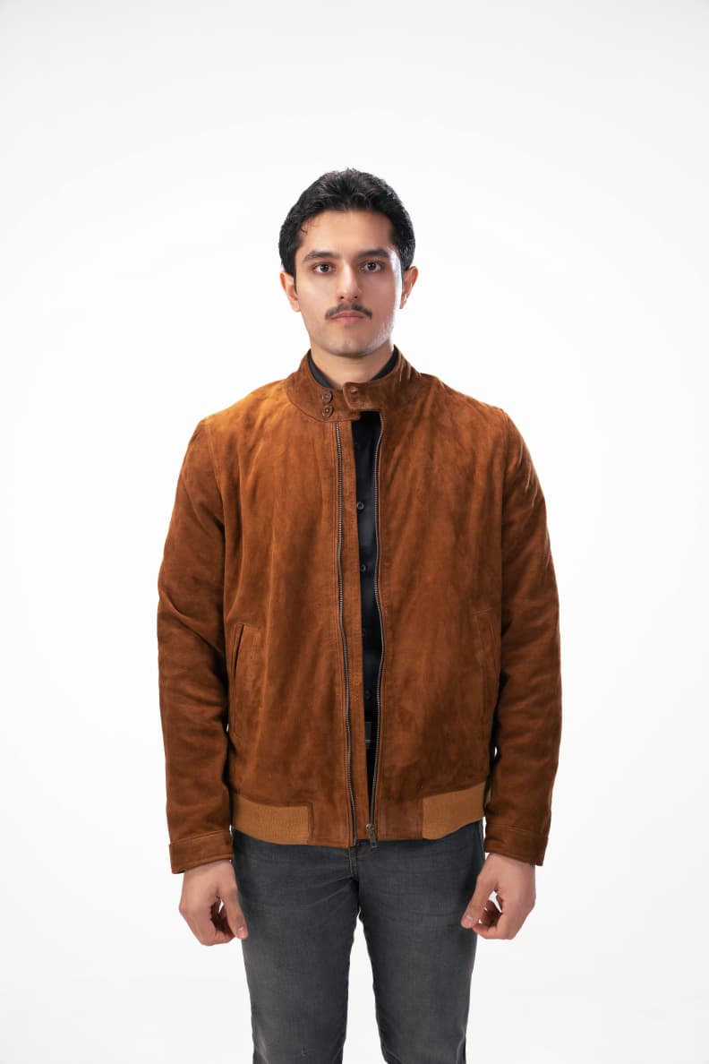 Luxury Suede Leather Jacket Brown Front View Cognac