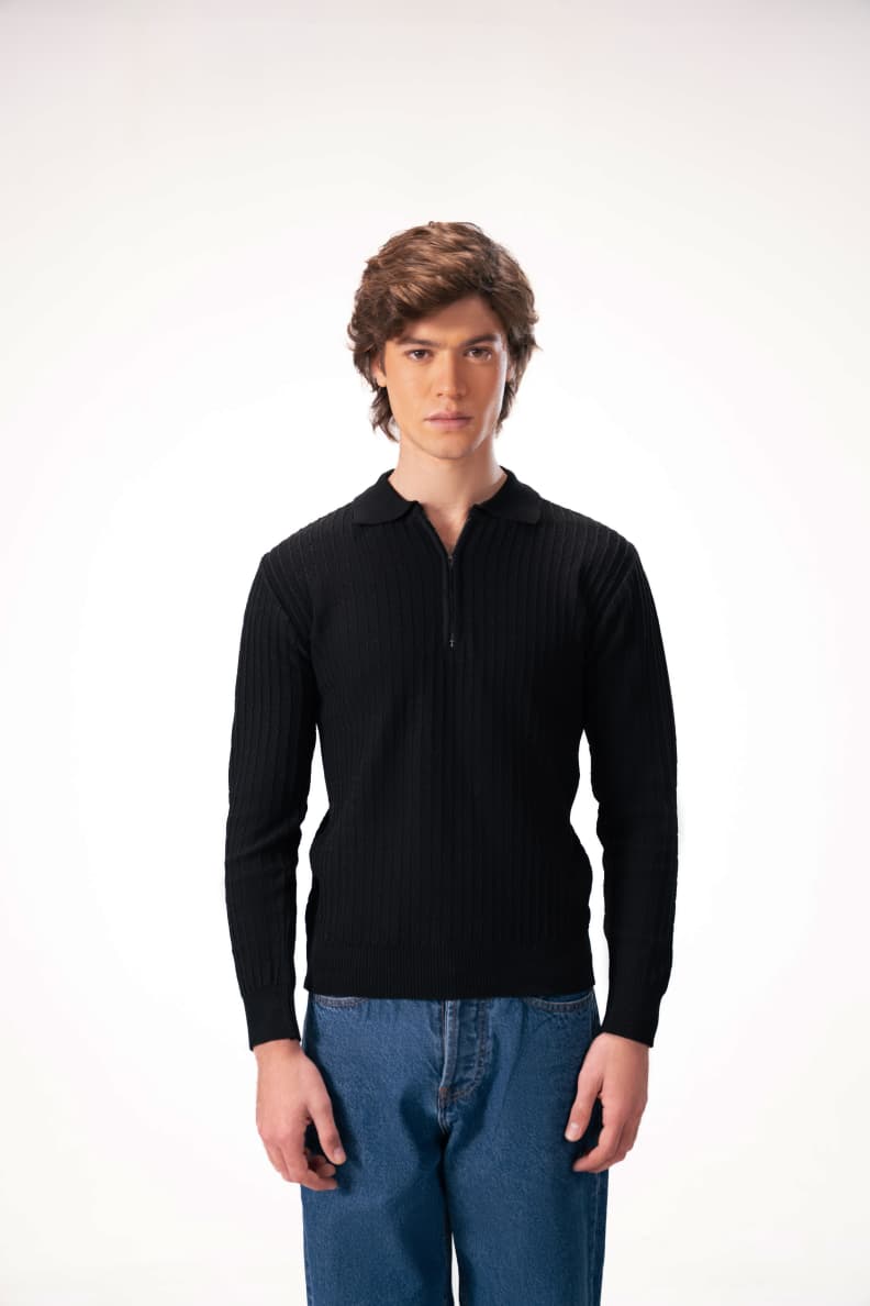 Model wearing zip neck textured sweater front view Black JADE