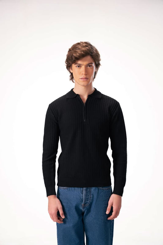 Model wearing zip neck textured sweater front view Black JADE