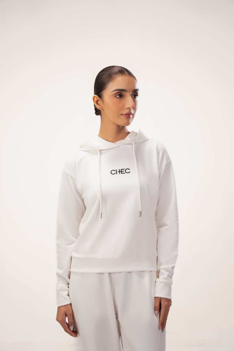 Off Duty Loungewear Set White Hoodie Front View Hands Down Marshmallow