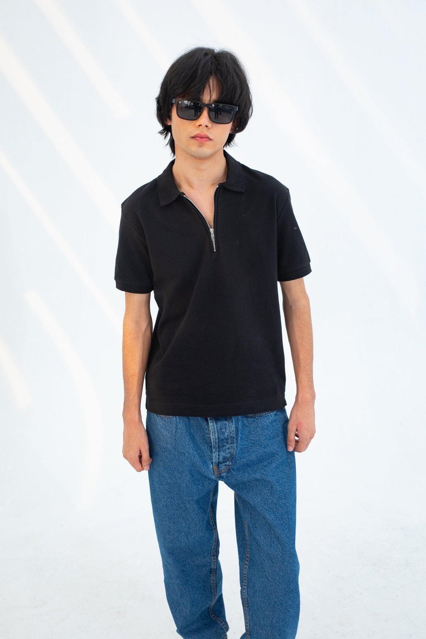 Placket Zip Jacquard Polo Shirt - CHEC