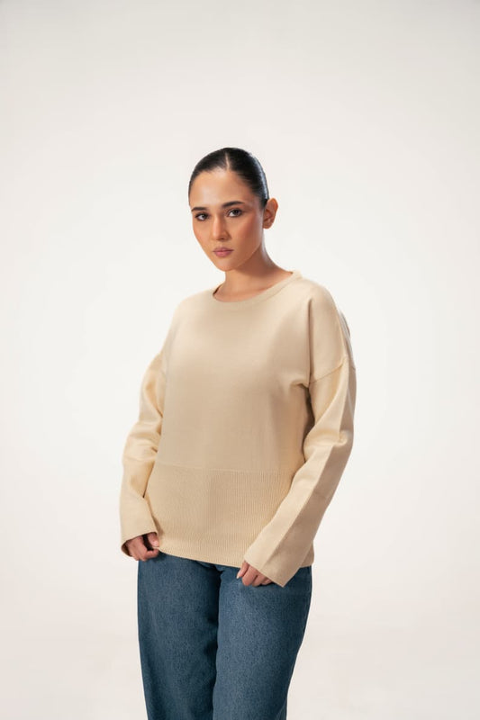 Stay Cozy Knitted Sweater Beige Front Pose Full Body Beige