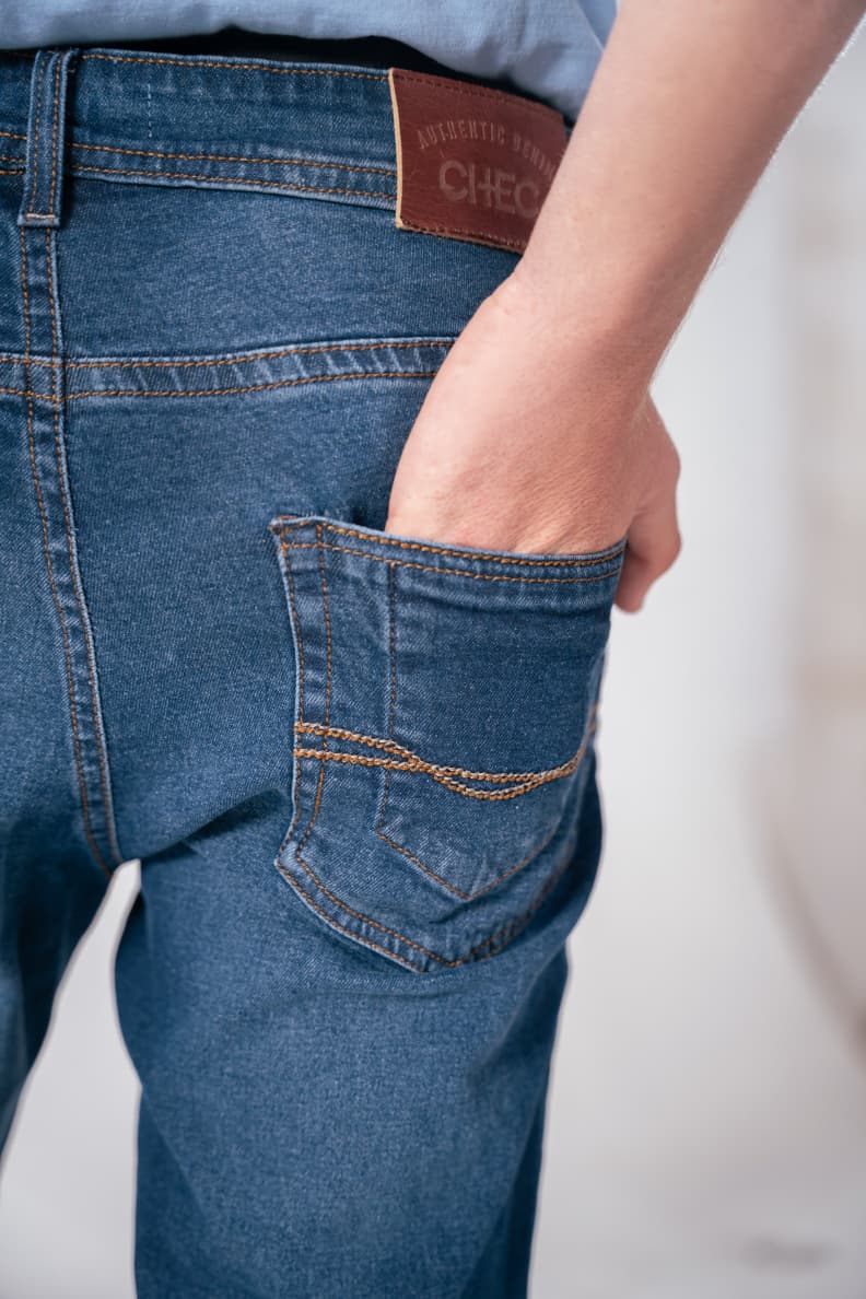 Straight Fit Jeans Brown Patch Closeup Denim Blue