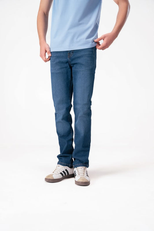 Straight Fit Jeans Mid Blue Front Pose Denim Blue