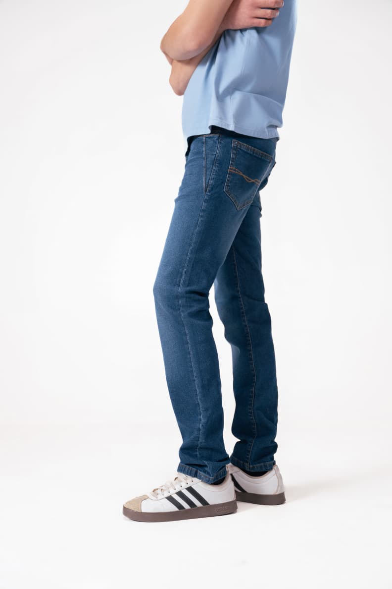 Straight Fit Jeans Mid Blue Side Pose Denim Blue